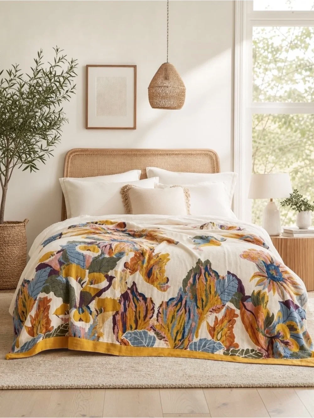 NEW Anthropologie Boho Bird Orange Floral Queen /  King Cotton Pillow Shams Set